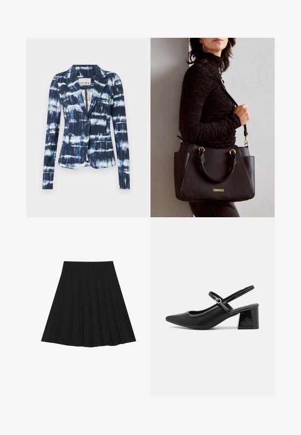 Tumesinine bleiser, millel on sidrunitikandiga muster, kus on hele sinine ja valge triip, ühe nupuga kinnitamine ja kaks eesmist taskut.; Kaks ilma varrukat tippi mustas ja valges. Valmistatud pehmest, venivast kangast, millel on ribakujundus ja tihe disain. Omab kitsaid rihmasid.; Must mustriga seelik, millel on tekstureeritud kangas ja kitsas vöökoht. Ulatuv põlveni, omadab sujuvat ja lõputut siluetti.; Mustad läikivad nahast slingback-kõrged kontsad, millel on terav nina, ümar lõikekujundus ja blokknina. Omab kuldset nupu aktsenti.; Musthave must kott, millel on tekstuurne pind, kaks ülemist käepidet ja reguleeritav õlarihm. Omab kuldse tooni riistu ja külgtaskuid.