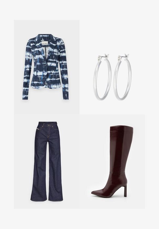 Tumši zils žakets ar raibumu, kurā ir gaiši zili un balti svītri, ar vienu pogu aizdari un divām priekšējām kabatām.; Divi bezpiedurkņu topi melnā un baltā krāsā. Izgatavoti no mīksta, elastīga auduma ar ribotu tekstūru un pieguļošu piegriezumu. Iekļauj šauras siksnas.; Tumši zili platleņķa džinsi no denima auduma ar augstu jostasvietu, ar oranžām šuvēm, piecu kabatu dizainu un pogu aizdari.; Even&Odd Zābaki - dark red; Sudraba riņķveida auss gredzeni ar gludu, pulētu apdari. Apaļa forma un drošs klikšķa augšējais slēgums. Viegls dizains, kas piemērots ikdienas valkāšanai.