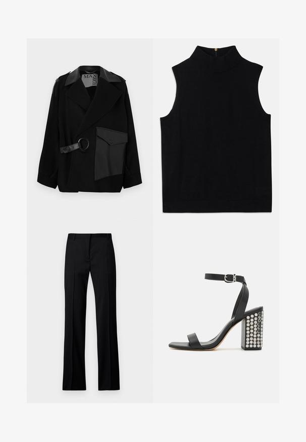 Zwarte jas van wolmix met een kraag met leren accenten, asymmetrisch voorpand, zijzak en een leren riem met metalen ring.; Zwarte mouwloze coltrui gemaakt van zacht materiaal, met een hoge kraag en een rits aan de achterkant. Eenvoudig ontwerp zonder patronen of accenten.; Zwarte rechte broek van gladde stof, met een platte voorkant, riemlussen en zonder zichtbare zakken of versieringen.; Zwarte leren haksandalen met een enkelbandje. Met een vierkante neus, een gladde textuur en een vierkante blokhak versierd met zilveren studs.