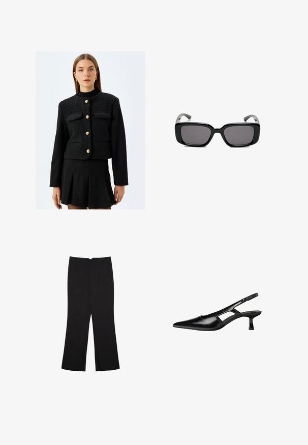 Koton Blazer - black; Schwarzes ärmelloses Crop-Top aus glattem Stoff, mit rundem Ausschnitt und einem klaren, schlichten Design ohne Muster oder Beschläge.; Schwarze Hose mit geradem Schnitt, ausgestattet mit Fronttaschen und Seitenschlitzen am Saum. Hergestellt aus weichem, glattem Stoff. Geeignet für verschiedene Anlässe.; Schwarze Lackleder-Slingback-High Heels mit spitzer Zehenform, ausgeschnittenem Seitendesign und kleinem Blockabsatz. Glatte Textur mit minimalen Akzenten.; Schwarze rechteckige Sonnenbrille mit dunklen Gläsern, glattem Kunststoffrahmen und gebogenen Bügeln. Das Design ist klobig mit einer minimalistischen Ästhetik.