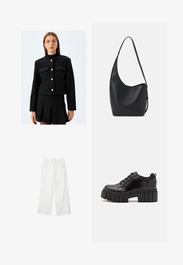 Koton Bleiseri - black; Mustat lyhyet hihavat t-paidat, jotka on valmistettu puuvillasta. Ominaisuuksiin kuuluu pyöreä kaula-aukko ja löysä istuvuus sekä sileä, yksinkertainen pinta. Ei näkyviä kuvioita tai koristeita.; Valkoiset leveälahkeiset housut pehmeästä kankaasta, jossa on kiristysnyöri vyötäröllä ja kaksi etutaskua. Sujuva rakenne ilman näkyviä kuvioita.; Mustat nahkakengät, joissa on lättihenkinen korko, pyöreä kärki ja perinteinen nauhakiinnitys. Ominaisuuksiin kuuluu sileä pintakuvio ja minimaalinen yksityiskohtaisuus.; Musta nahkainen hobo-laukku, jossa on sileä pinta, kaareva muoto ja yksi säädettävä olkahihna; sisäänkäynti on leveä ylhäältä.