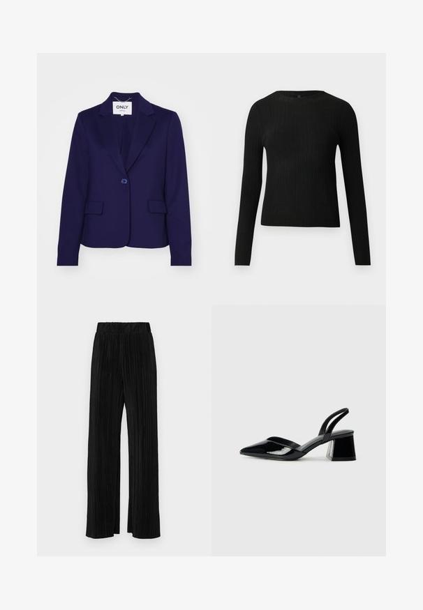 Marineblaues Blazer aus glattem Stoff, mit einem Ein-Knopf-Verschluss, zwei Fronttaschen und aufgeschlitzten Revers. Das Etikett innen trägt die Aufschrift "ONLY."; Schwarzer, gerippter, langärmliger, taillierter Pullover mit Rundhalskragen, vor einem schlichten, hellen Hintergrund präsentiert.; Schwarze plissierte Hose mit elastischem Bund. Verfügt über weite Hosenbeine und einen glatten, strukturierten Stoff mit vertikalen Streifen.; Schwarze Lackleder-Slingback-High Heels mit spitzem Schuh und einem geometrischen Blockabsatz. Verfügt über ein schlankes, minimalistisches Design und eine glatte Textur.