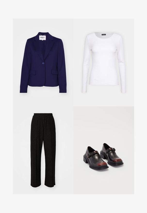 Sötétkék blézer sima anyagból, egy gombos záródással, két elülső zsebbel és hajtott gallérral. A belső címke ezt olvassa: "ONLY."; Fehér bordás, hosszú ujjú felső, kerek nyakkivágással. Rugalmas anyagból készült, amely követi a test vonalát. Finom vízszintes csíkokkal díszített.; Fekete, széles szárú nadrág fehér függőleges csíkozással, rugalmas derékkal a kényelem érdekében és sima, puha textúrával.; Bőr, blokksarkú cipők fényes, sötét burgundi színben, csatpánttal és lekerekített orral. Texturált talp a tapadásért.