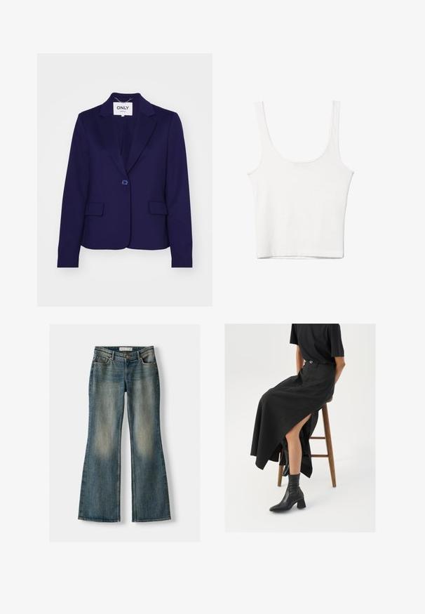 Tummansininen bleiseri, joka on valmistettu sileästä kankaasta. Siinä on yksittäinen nappi, kaksi etutaskua ja lovetut kaulukset. Sisäpuolella on etiketti, jossa lukee "ONLY."; Valkoinen puuvillainen hihaton toppi, jossa on pyöristetty pääntie, ei hihoja ja vartalonmyötäinen muoto. Sileä pinta, yksinkertainen muotoilu ja vähäiset ompeluyksityiskohdat.; Siniset leveälahkeiset farkut, joissa on haalistunut pesu, viisi taskua ja nappikiinnitys. Materiaalissa on farkkukangas, jossa on hienovaraisia ompeluyksityiskohtia.; Musta pellavasta valmistettu maxi-hame, jossa on korkea halkio, puettuna mustan t-paidan ja mustien nilkkabootsien kanssa. Minimalistinen muotoilu, rento istuvuus.