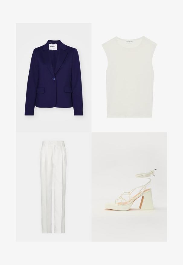 Navy blue blazer made of smooth fabric, featuring a single button closure, two front pockets, and notched lapels. Label inside reads "ONLY."; White sleeveless top with a round neckline. Made of smooth fabric, it features a relaxed fit and minimalist design. No patterns or accents.; White pinstriped trousers with a straight leg design, made from a lightweight fabric. Features pleats at the front and a traditional waistband.; White high-heeled sandal with a chunky heel, featuring a strappy design and ankle tie. Smooth texture with a platform front for added height.
