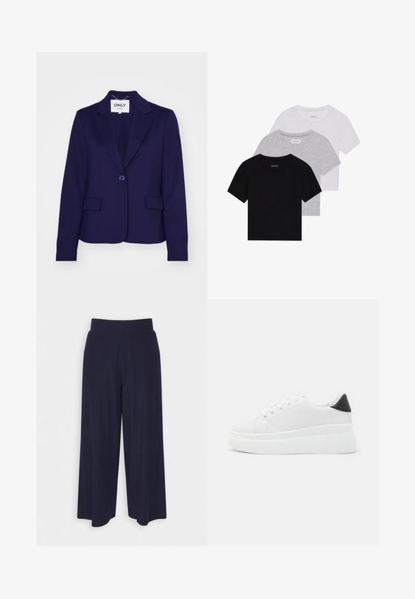 Navy zila žakete, kas izgatavota no gludas auduma, ar vienu pogas aizdari, divām priekšējām kabatām un iegrieztiem uzmavām. Iekšpusē ir etiķete ar uzrakstu "ONLY."; Trīs īsām piedurknēm T-krekli melnā, pelēkā un baltā krāsā. Izgatavoti no kokvilnas, ar apaļu kakla izgriezumu un vienkāršu, viendabīgu krāsas dizainu.; Platas kājas bikses tumši zilā audumā ar svītrainu tekstūru. Aprīkotas ar gludu jostasvietu un plūstošu siluetu, sasniedzot vidus teļus.; Baltas platforma kedas, izgatavotas no gludas sintētiskas vielas, ar noapaļotu purngalu, saites dizainu un teksturētu gumijas zoli. Melna papēža akcenta detaļa.