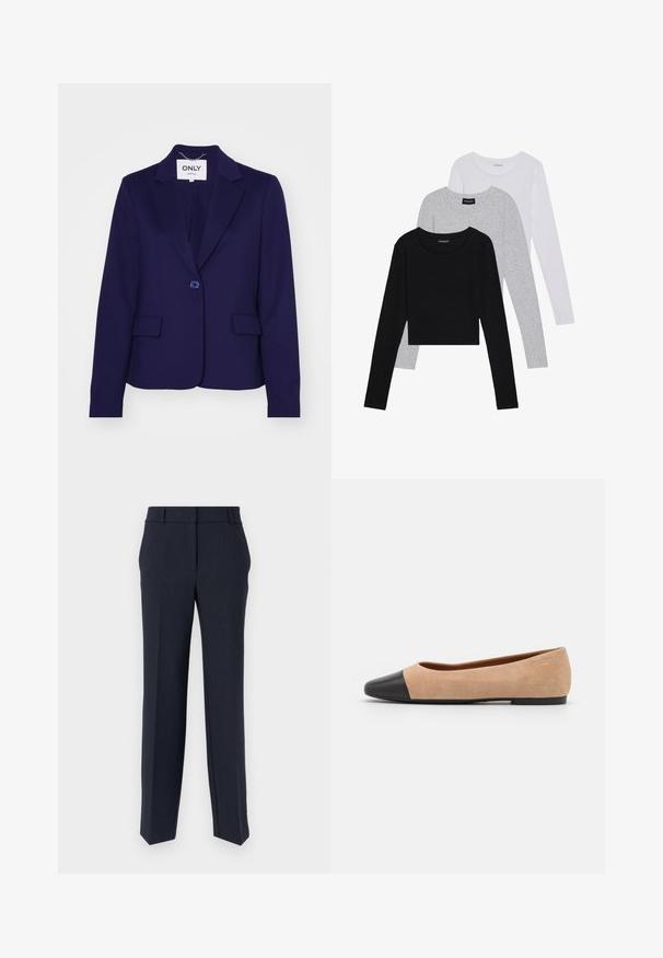 Námořnický modrý blazer z hladké tkaniny, s jedním knoflíkem na zapínání, dvěma předními kapsami a klopami. Na vnitřní straně je štítek s nápisem "ONLY."; Tři trička s dlouhým rukávem naskládaná na sobě: černé, šedé a bílé. Každé má kulatý výstřih a kratší střih z hladkého, lehkého materiálu.; Námořnické kalhoty s rovnými nohavicemi, hladkým povrchem a plochým pasem. Obsahují dvě boční kapsy a klasický design pasu.; Béžové semišové baleríny s černou koženou kulatou špičkou, nízkým podpatkem a hladkým povrchem, s minimálním prošíváním a čistým designem.