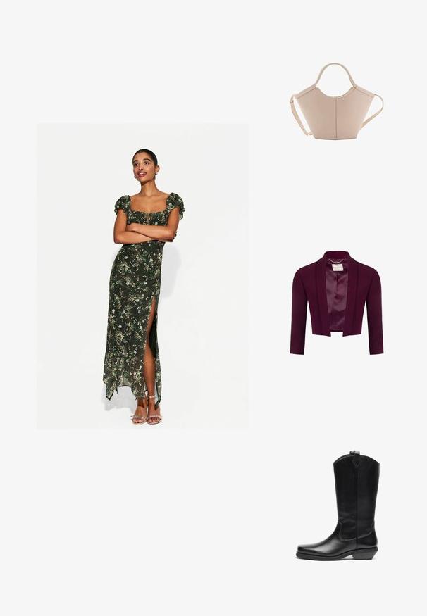 Kurzjacke aus tiefburgunderfarbenem Stoff mit glatter Oberfläche, ausgestattet mit einem Satinfutter und einem Schalkragen. Ohne Verschlüsse, maßgeschneidertes Design.; Blumen-Maxikleid in Dunkelgrün, mit kurzen Puffärmeln, einem Schlitz vorne und einem Rüschensaum. Leichter Stoff mit zartem Muster.; Schwarze Leder-Cowboystiefel bis zur Mitte der Waden mit spitzer Kappe, schrägem Absatz, Zuggurt an der Oberseite und minimaler dekorativer Naht.; Beige Lederhandtasche mit einer einzigartigen Form, die zwei kurze Henkel und einen langen verstellbaren Riemen aufweist. Glatte Textur mit minimalen Hardware-Elementen.