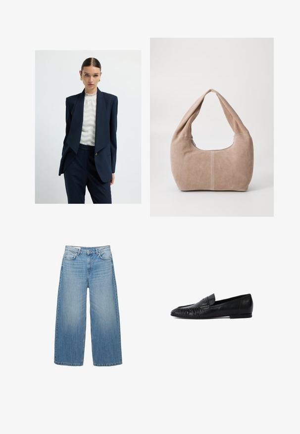 Kobieta z gładko zaczesanymi włosami, nosząca złote kolczyki, granatowy garnitur w prążki oraz białą bluzkę w wzory, na jednolitym białym tle.; Czarny sweter wykonany na szydełku z okrągłym dekoltem, długimi rękawami i skróconym fasonem. Wykonany z miękkiego materiału o gładkiej fakturze.; Jasnoniebieskie dżinsy o szerokich nogawkach, wykonane z denimu, charakteryzujące się klasycznym pięciopocketowym fasonem i zapięciem na guzik. Przez cały materiał widoczny jest efekt wypłowienia.; Czarne skórzane mokasyny z zaokrąglonym noskiem, haftem z przodu i płaską podeszwą. Minimalistyczny design z subtelnym akcentem logo.; Torebka typu hobo wykonana z miękkiego, zamszowego materiału w jasnym beżowym kolorze. Charakteryzuje się zaokrąglonym kształtem, szerokim paskiem oraz zapięciem na zamek.
