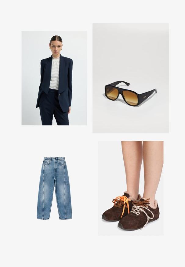 Žena s slicked-back vlasy, oblečená ve zlatých náušnicích, námořnickém pruhovaném obleku a bílé vzorované halence na čistém bílém pozadí.; Šedý krátký svetr vyrobený z měkkého, chlupatého materiálu. Má dlouhé rukávy a kulatý výstřih, s hladkou a lehkou texturou.; Bílý krátký rukáv T-shirt vyrobený z měkké bavlny, s kulatým výstřihem a volným střihem se zahnutými detaily. Bez vzorů nebo akcentů.; Svetle modré džíny mají volný střih, velké kapsy a kontrastní švy. Tkanina má vybledlý vzhled a hladkou texturu.; Hnědé semišové nazouvací boty s kožešinovou podšívkou nošené na nahých nohách, vybavené nesouměrnými tkaničkami: jedna oranžová a jedna bílá s černými pruhy.; Černé obdélníkové sluneční brýle s hnědými gradientními skly. Vyrobeny z plastu, mají hladký povrch a jemné zlaté logo na ramínku.