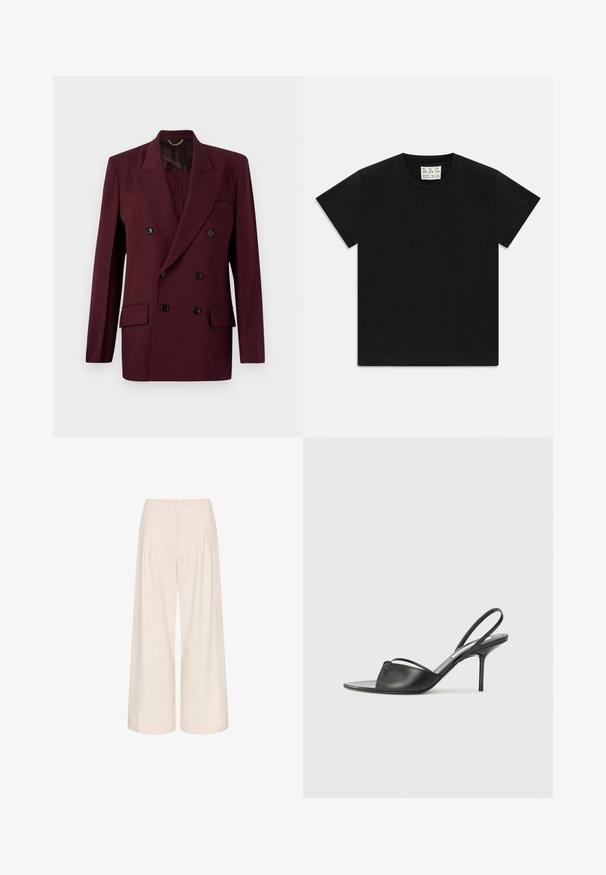 Burgundski dvoredni blejzer iz gladkega materiala, ki ima dva sprednja žepa, črne gumbe in ostre reverje.; Črna kratka majica s kratkimi rokavi in krožnim izrezom, z belim etiketom znotraj ovratnika, označenim z "D.R.C. EST. 2002", na belem ozadju.; Kremne hlače širokega kroja z gubami, narejene iz gladkega materiala. Imajo visok pas in stranske žepe za funkcionalnost.; Črni usnjeni slingback petni čevlji z ostrim nosom, tankim zapestnim trakom in stiletto peto. Imajo zanko na površini.