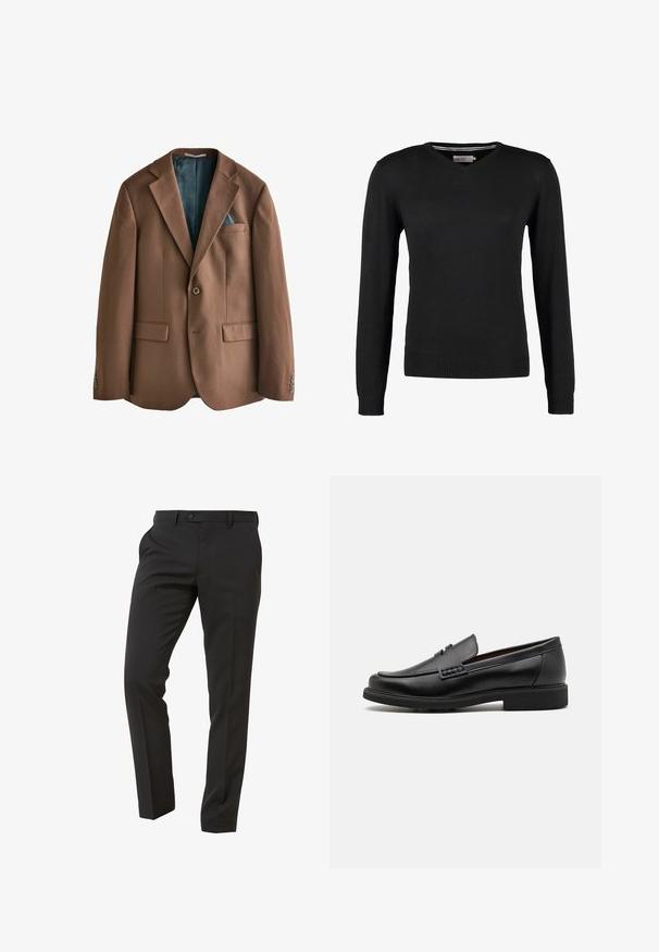 Blazer marrón hecho de una tela de textura suave. Cierre de un solo botón, dos bolsillos delanteros y un forro de patrón verde azulado visible en el interior.; Suéter negro, ajustado, con cuello en V y mangas largas. Hecho de un suave tejido de punto, con puños y cinturilla acanalados. Diseño minimalista.; Camiseta blanca de algodón con cuello redondo, combinada con pantalones de traje azul marino con plisado y un cinturón de cuero marrón con hebilla dorada.; Next Trousers - Suit Trousers Slim Fit - Pantalón de traje - mottled black; Mocasines sintéticos negros con un prominente frente cosido, plantilla acolchada y suela plana de goma; diseño elegante con un detalle mínimo.