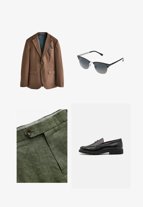 Bruine blazer gemaakt van stof met een gladde textuur. Eén knoopsluiting, twee voorzakken en een zichtbaar turquoise patroonvoering aan de binnenkant.; Lichtblauwe overhemd met lange mouwen, knoopsluiting en een klassieke kraag, met een rechte zoom en een subtiele textuur. Voorzien van een centrale knoopsluiting.; Olijf groene linnen broek met een voorplooi, voorzien van een knoopsluiting en een contrasterende geruite voering bij de tailleband.; Zwarte synthetische loafers met een opvallende gestikte voorkant, gevoerde binnenzool en platte rubberen buitenzool; slank ontwerp met minimale details.; Zwarte en zilveren zonnebril met een cat-eye vorm, gradient lenzen en metalen accenten op het montuur. Plastic armen met grijze punten.