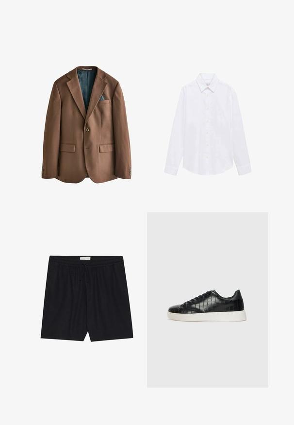 Brązowa marynarka uszyta z materiału o gładkiej fakturze. Zapięcie na jeden guzik, dwie przednie kieszenie oraz widoczna od wewnątrz podszewka w niebieskozielony wzór.; Biała koszula z długim rękawem z bawełny. Posiada kołnierzyk w szpic, zapięcie na guziki i pojedyncze mankiety. Minimalistyczny design bez wzorów.; Czarne szorty z elastycznym paskiem w talii i sznurkiem, o gładkiej fakturze i prostym kroju, idealne do codziennego noszenia.; Czarne sneakersy z teksturowaną cholewką ze skóry z tłoczeniem w kształcie krokodyla, okrągłym noskiem oraz kontrastującą białą gumową podeszwą o gładkim wykończeniu.