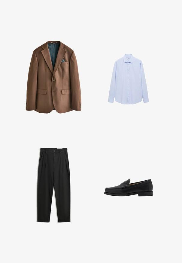 Blazer marrone realizzato in tessuto con una finitura liscia. Chiusura con un singolo bottone, due tasche frontali e un rivestimento interno a motivo teal visibile.; Camicia azzurra a maniche lunghe realizzata in tessuto intrecciato, con colletto classico e chiusura anteriore con bottoni, taglio dritto e senza fantasie.; Pantaloni in cotone neri con una vestibilità rilassata, dotati di una vita classica, pieghe frontali e tasche laterali. Tessuto liscio senza fantasie.; Mango Mocassini eleganti - black