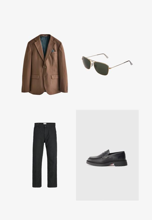 Brown blazer made of fabric with smooth texture. Single button closure, two front pockets, and a teal patterned lining visible inside.; Two t-shirts: one navy blue with a circular logo, the other white featuring a small anchor design. Made of cotton, short-sleeved.; Black pants made of durable fabric, featuring a straight-leg design, stitched accents, and two front pockets for functionality.; Black leather loafers with a rounded toe, a raised seam, and a thick rubber sole. Simple design with minimal branding on the side.; Gold metal aviator sunglasses with large dark green lenses, featuring a thin frame and transparent nose pads for comfort.