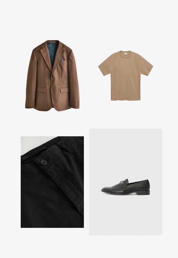 Brauner Blazer aus Stoff mit glatter Textur. Ein-Knopf-Verschluss, zwei vordere Taschen und ein innen sichtbar gemusterter Teal-Futter.; Mango T-Shirt basic - beige; Schwarze Baumwollhose mit glatter Textur, Knopfverschluss, Gürtelschlaufen und einem Taillenbund. Draufsicht, die den Stoff hervorhebt.; Schwarzer Lederloafer mit glatter Oberfläche, ausgestattet mit einer gesteppten Gestaltung und einem dekorativen Metallkettendetail über dem Vorderblatt. Flacher Absatz.