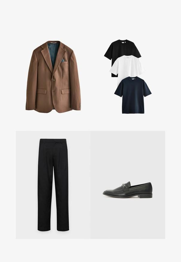 Brun blazer lavet af stof med glat tekstur. Enkelt knaplukning, to forlommer, og et teal mønsterforet synligt indeni.; Tre kortærmede t-shirts stablet: en sort, en hvid og en navy. Lavet af bomuld med rund hals og afslappet pasform.; Sorte bukser lavet af glat stof, med et lige ben-design, to frontfolder og en standard talje med bæltestropper.; Sorte læder loafers med en glat finish, der har et syet design og et dekorativt metal kædeaccent hen over vamps. Flad hæl.