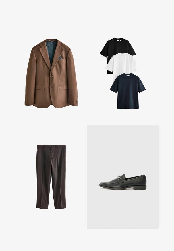 Burgundy žakete, izgatavota no auduma ar gludu struktūru. Ar vienu pogu slēdzama, diviem priekšējiem kabatām un redzamu smaragda krāsas rakstainu oderi iekšpusē.; Trīs īsām piedurknēm T-krekli salikti: viens melns, viens balts un viens zilais. Izgatavoti no kokvilnas ar apaļu kakla izgriezumu un brīvu piegriezumu.; Tumši brūni bikses ar plakano priekšpusi, divām sānu kabatām, piegriezumu, kas pielāgots figūrai, un gludu auduma tekstūru. Standarta jostasvieta ar jostu cilpām.; Melna ādas loafer izmēra apavi ar gludu virsmu, piedāvā ar šūtu dizainu un dekoratīvu metāla ķēdes akcentu pār vampu. Plakana papēža daļa.