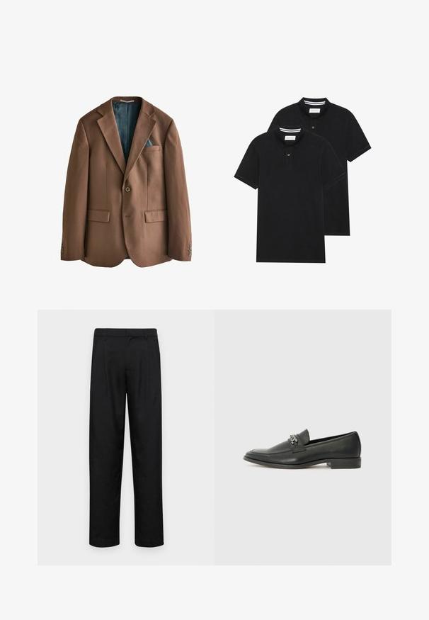 Brauner Blazer aus Stoff mit glatter Textur. Ein-Knopf-Verschluss, zwei vordere Taschen und ein innen sichtbar gemusterter Teal-Futter.; Zwei schwarze Polohemden, kurzärmlig, aus Baumwolle, mit einem klassischen Kragen, zwei Knöpfen und weißen Streifenakzenten im Inneren des Kragens.; Schwarze Hose aus glattem Stoff, mit geradem Bein Design, zwei vorderen Falten und einem Standardbund mit Gürtelschlaufen.; Schwarzer Lederloafer mit glatter Oberfläche, ausgestattet mit einer gesteppten Gestaltung und einem dekorativen Metallkettendetail über dem Vorderblatt. Flacher Absatz.