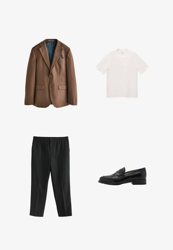 Brun blazer lavet af stof med glat tekstur. Enkelt knaplukning, to forlommer, og et teal mønsterforet synligt indeni.; Hvid kortærmet T-shirt lavet af blødt stof. Rund halsudskæring, lige snit, ingen synlige mønstre eller hardware detaljer.; Sorte bukser lavet af stof, der har en elastisk talje og en enkelt knap. Lige ben-design uden synlige lommer.; Sorte læder loafers med en syet front og flad hæl. Glat tekstur med en afrundet tå og en dekorativ rem hen over vristen.