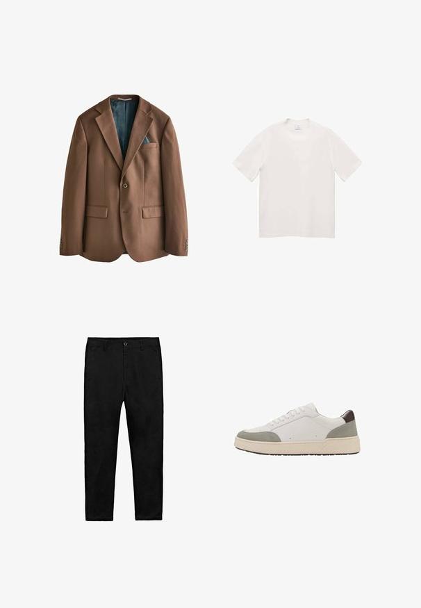 Blazer marrone realizzato in tessuto con una finitura liscia. Chiusura con un singolo bottone, due tasche frontali e un rivestimento interno a motivo teal visibile.; T-shirt bianca a maniche corte realizzata in tessuto morbido. Collo a giro, taglio dritto, senza motivi visibili o dettagli metallici.; Pantaloni neri a gamba dritta con chiusura a bottone, passanti per cintura e tasche laterali, stesi su uno sfondo bianco.; Sneaker bianco con dettagli in suede grigio e pelle marrone scuro. Presenta un design con lacci, punta arrotondata, suola in gomma bianca spessa e cuciture minime.