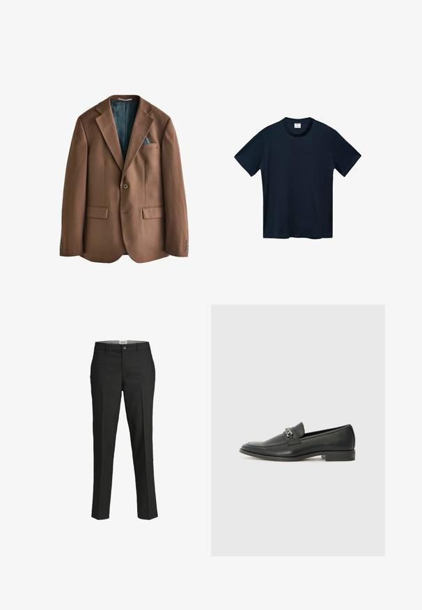 Sacou maro dintr-un material cu textură netedă. Închidere cu un singur buton, două buzunare frontale și o căptușeală cu model teal vizibilă în interior.; Tricou scurt cu mânecă din bumbac moale, de culoare albastru marin, cu decolteu rotund și tiv drept, fără modele vizibile.; Pantaloni negri, croi ajustat, material neted, talie medie, închidere frontală cu nasture, buzunare diagonale și detalii cu pliuri pe picioare.; Pantofii negri din piele cu un finisaj neted, având un design cusut și un accent decorativ de lanț metalic peste partea de sus. Toc plat.