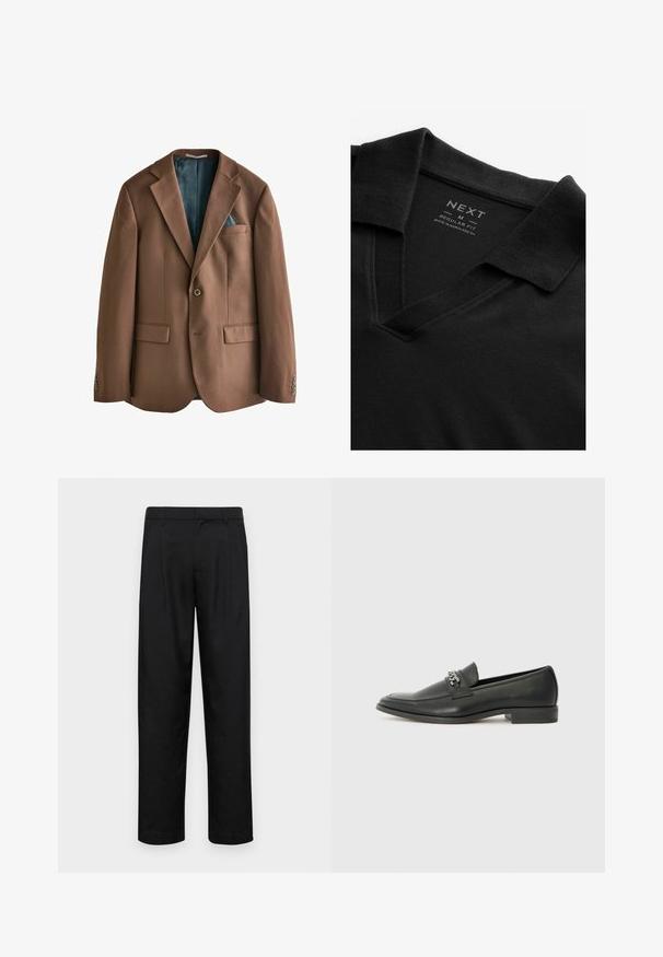 Rudas švarkas, pagamintas iš lygios tekstūros audinio. Vieno mygtuko užsegimas, dvi priekinės kišenės ir matoma melsvai žalia raštuota pamušalo vidus.; Juodas polo marškinėliai su V formos iškirpte ir tekstūruota medžiaga. Turintys nusilenkiantį apykaklę ir etiketę su prekės ženklu ir dydžio informacija. Įprasto kirpimo.; Juodi kelnių modeliai, pagaminti iš lygios medžiagos, turi tiesią kojas, du priekiniai klostės ir standartinę juosmenį su diržo kilpomis.; Juodos odinės loafer tipo bateliai su lygiu paviršiumi, turintys siuvinėtą dizainą ir dekoratyvų metalo grandinėlės akcentą ant batų viršaus. Plokščias kulnas.