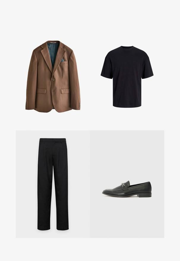 Brauner Blazer aus Stoff mit glatter Textur. Ein-Knopf-Verschluss, zwei vordere Taschen und ein innen sichtbar gemusterter Teal-Futter.; Schwarzes Baumwoll-T-Shirt mit Rundhalsausschnitt, kurzen Ärmeln und lässiger Passform. Glatte Oberflächenstruktur und keine sichtbaren Muster oder Akzente.; Schwarze Hose aus glattem Stoff, mit geradem Bein Design, zwei vorderen Falten und einem Standardbund mit Gürtelschlaufen.; Schwarzer Lederloafer mit glatter Oberfläche, ausgestattet mit einer gesteppten Gestaltung und einem dekorativen Metallkettendetail über dem Vorderblatt. Flacher Absatz.