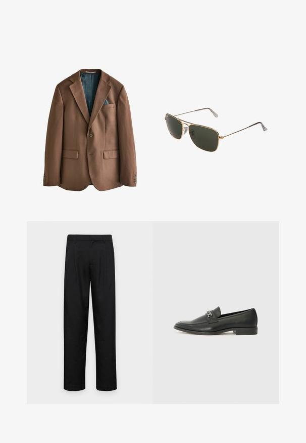 Brauner Blazer aus Stoff mit glatter Textur. Ein-Knopf-Verschluss, zwei vordere Taschen und ein innen sichtbar gemusterter Teal-Futter.; Schwarzes Baumwoll-T-Shirt mit Rundhalsausschnitt, kurzen Ärmeln und lässiger Passform. Glatte Oberflächenstruktur und keine sichtbaren Muster oder Akzente.; Schwarze Hose aus glattem Stoff, mit geradem Bein Design, zwei vorderen Falten und einem Standardbund mit Gürtelschlaufen.; Schwarzer Lederloafer mit glatter Oberfläche, ausgestattet mit einer gesteppten Gestaltung und einem dekorativen Metallkettendetail über dem Vorderblatt. Flacher Absatz.; Goldfarbene Metall-Aviator-Sonnenbrillen mit großen dunkelgrünen Gläsern, ausgestattet mit einem dünnen Rahmen und transparenten Nasenpolstern für zusätzlichen Komfort.
