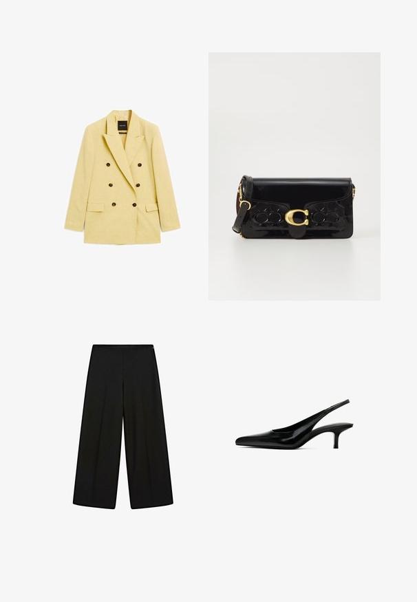 Doppelt geknöpfter gelber Blazer aus leichtem Material mit großen braunen Knöpfen, Reverskragen und zwei vorderen Taschen.; Weißes Blusenshirt mit einem schulterfreien Design, versehen mit einem floralen Akzent auf einer Seite und einem langen, gebundenen Paneel an der Taille. Glatte Textur.; Schwarze, weit geschnittene Hosen aus weichem Stoff, mit hohem Bund und Falten, die eine glatte Textur und keine sichtbaren Verzierungen aufweisen.; Schwarzer Slingback-Schuh mit spitzem Zehenbereich, glänzender Lederoberfläche und dünnem, niedrigem Absatz. Verfügt über einen Ausschnitt an der Seite für Atmungsaktivität.; Schwarze Handtasche aus patentiertem Leder mit goldfarbenen Beschlägen, einschließlich eines Verschlusses. Verfügt über ein strukturiertes Design und einen abnehmbaren Trageriemen. Kompakte rechteckige Form.