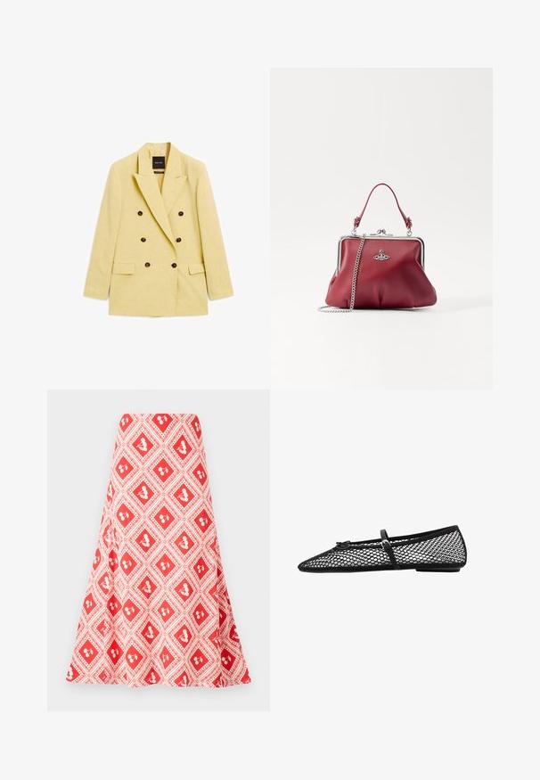 Dobbeltradet gul blazer i let stof med store brune knapper, klapkraver og to frontlommer.; Hvid T-shirt med korte ærmer lavet af bomuld. Har en rund halsudskæring, et enkelt design og et logoetikette ved halsen. Glat tekstur.; Rød og hvid mønstret nederdel med diamantdesign og små blomster-motiver samt en flared form, lavet af et glat stof.; Sort mesh ballet flad med spidse tæer, dekorativ strop og subtilt accent. Har et åbent netdesign og flad sål.; Rød læderhåndtaske med en sølvfarvet kædestrop, rund form, plisseret design og en metalspænde øverst. Udsmykket med et logodetail.