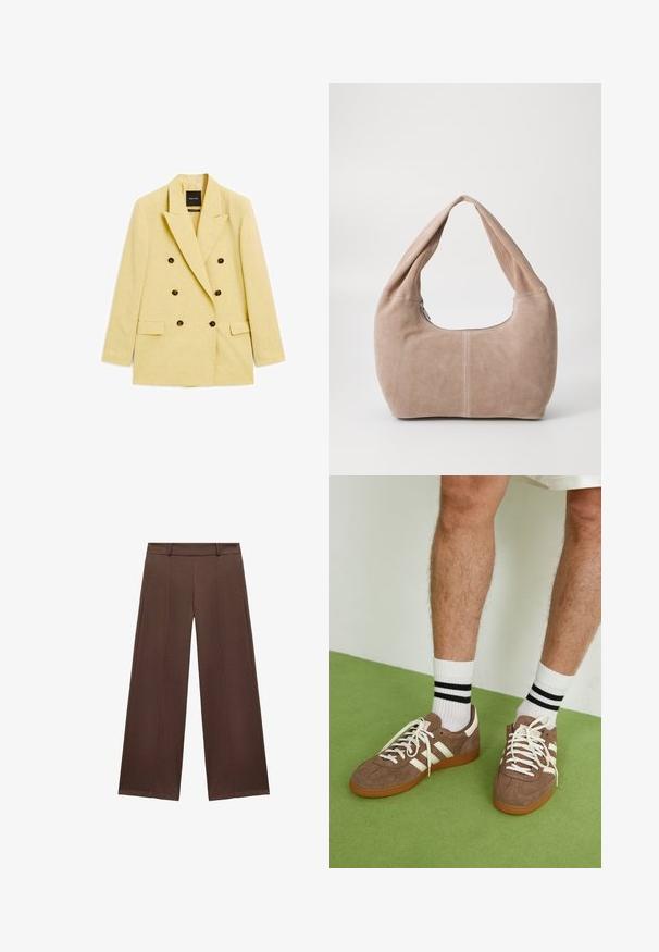 Dobbeltradet gul blazer i let stof med store brune knapper, klapkraver og to frontlommer.; Hvid ærmeløs top med justerbare stropper, tætsiddende design, glat stofstruktur og rund halsudskæring. Ingen mønstre eller hardware detaljer.; Brune brede bukser lavet af blødt stof, med flad front, en taljebånd og plisserede detaljer for ekstra tekstur.; Brune ruskind sneakers med hvide detaljer og snørebånd. Gummisål i naturgummi. Båret med hvide sokker med sorte striber. Grøn struktureret gulv.; Hobo taske lavet af blødt, suede materiale i en lys beige farve. Har en rund form med en bred rem og lynlås lukning.