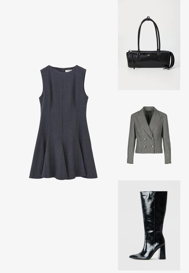 Šedý dvouřadý blazer s jemným proužkem, s hřebínkovým límcem, dvěma předními kapsami a stříbrnými knoflíky.; Bezrukávové šedé šaty s přiléhavým korzetem a rozšířenou áčkovou sukní, vyrobené z texturované tkaniny; mají zadní zip.; Černé kozačky po kolena vyrobené z lesklé kůže, s špičatou špičkou a mohutným geometrickým podpatkem s hladkým povrchem.; Černá kožená kabelka obdélníkového tvaru, hladké textury, se dvěma uchy, zipovým uzávěrem a malým logem na přední straně.