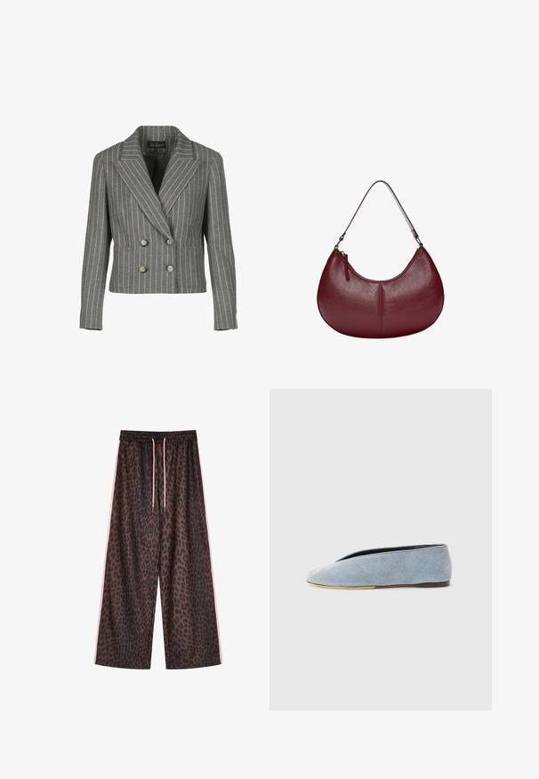 Harmaa kaksirivinen bleiseri, jossa on pinstripe-kuvio, näyttävä läppäkaulus, kaksi etutaskua ja harmaat napit.; Vaaleansininen ilman hihoja ribattu toppi, jossa on pyöreä pääntie ja pieni logo brodeerattuna keskellä. Liukas pinta, istuva siluetti.; Leopardi-kuosi leveät housut ruskeina ja mustina, joissa on elastinen vyötärö pinkeillä nauhoilla ja sivuilla pinkit raidat. Sileä kangas.; Denim slip-on kengät vaaleansinisinä, joissa on sileä pinta, mantelinmuotoinen kärki ja litteä musta pohja. Minimalistinen muotoilu matalalla profiililla.; Burgundin värinen nahkalaukku, jossa on kaareva muoto. Varustettu yhdellä olkahihnalla ja ylhäältä avautuvalla vetoketjulla, esitellen sileää, tekstuurista pintaa.; Hopeaketju hopeasta, jossa on sileä, soikea riipus, jossa on kaiverrus hymyilevästä kasvosta vihreillä yksityiskohdilla. Ketjussa on toisiinsa kytkeytyviä lenkkejä.