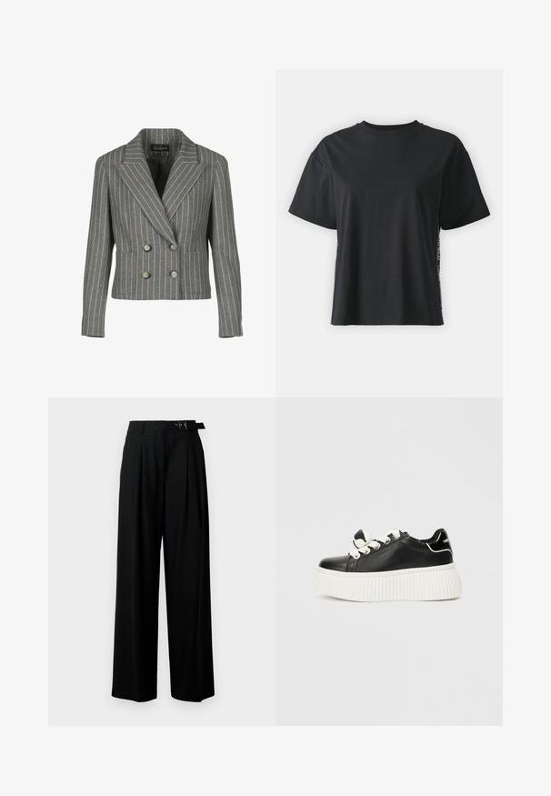 Siv obrubljen dvoredni blejzer z vzorcem pinstripe, ki ima izrezan ovratnik, dve sprednji žep in srebrne gumbe.; Črna bombažna majica s kratkimi rokavi, sproščenega kroja z kontrastnim stranskim panelom, ki vsebuje majhne besedilne in oblikovne podrobnosti.; Črne široke hlače z visokim pasom, gubami spredaj in pasom z zaponko. Narejene so iz gladkega, lahkega materiala.; Črne usnjene superge z debelim belim rebrastim podplatom, ki imajo bele vezalke in okrasni vozel na ježku.