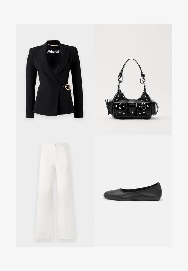 Juodas pritaikytas bleizeris su apvyniotu dizainu, auksiniu apvaliu diržo sagtimi, išpjautomis apykaklėmis ir ilgomis rankovėmis. Lygus tekstūruotas audinys.; Balta, raibota trumpa rankovėmis marškinėliai su apvaliu kaklu. Audinys atrodo lygus ir prigludęs. Prekės ženklo etikete matoma prie apykaklės.; Balsviesti, aukštu liemeniu plačiakelnės džinsinės kelnės. Jos turi mygtukų užsegimą, dvi priekinės kišenes ir siūlams su siuvinėtojais.; Juodai odiniai baletai su apvaliu pirštu, lygi texture, minimalus siuvimo detales ir lanksčiu padų dizainu.; Juodas odinis rankinukas su kreiviu dizainu, su sidabro spalvos knopkėmis, užsegimu ir dviem šoninėmis kišenėmis. Reguliuojama dirželis nešimui.