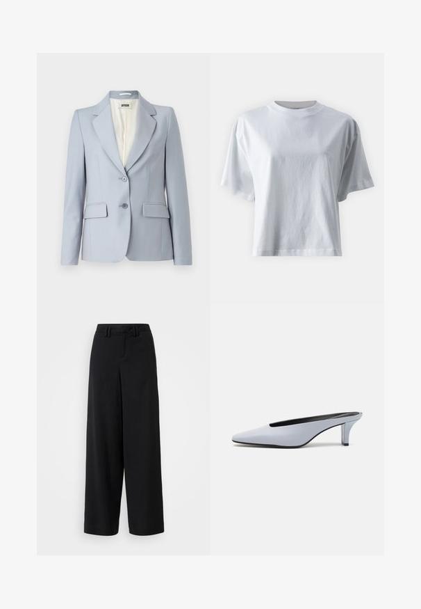 Helles blaues maßgeschneidertes Blazer aus glattem Stoff mit Reverskragen, zwei Vordertaschen und Zwei-Knopf-Verschluss. Gefüttertes Innere.; IVY OAK KYLA - T-Shirt basic - bright white; Schwarze weite Hosen aus glattem Stoff, mit einem flachen Frontdesign, gefältelten Details und Gürtelschlaufen am Bündchen.; Helles blaues Lackleder-Mule mit spitzem Zehenbereich, niedrigem transparentem Absatz und einem eleganten Design, das einen Ausschnitt im Vorderblatt aufweist.