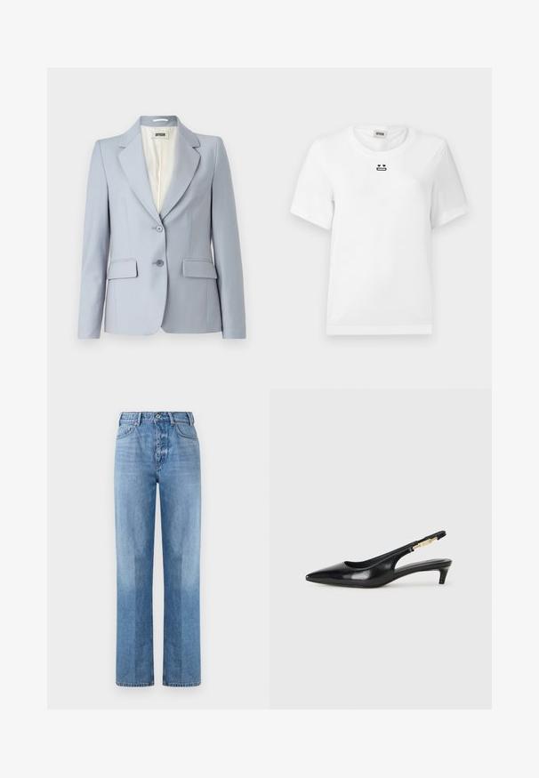 Světle modrý sak na míru z hladké látky s klopovým límcem, dvěma předními kapsami a zapínáním na dva knoflíky. Podšívka.; Bílý bavlněný tričko s krátkým rukávem, na hrudi má malý černý grafický design tváře se srdíčkovýma očima a rovnými ústy.; Světle modré džíny z denimu s rovnými nohavicemi, vysokým pasem, pěti kapsami a viditelným šitím. Textura je hladká a klasická.; Černé kožené boty na podpatku s otevřenou patou a špičatou špičkou, s tenkým podpatkem a zlatým akcentem na nastavitelném pásku. Hladký povrch.