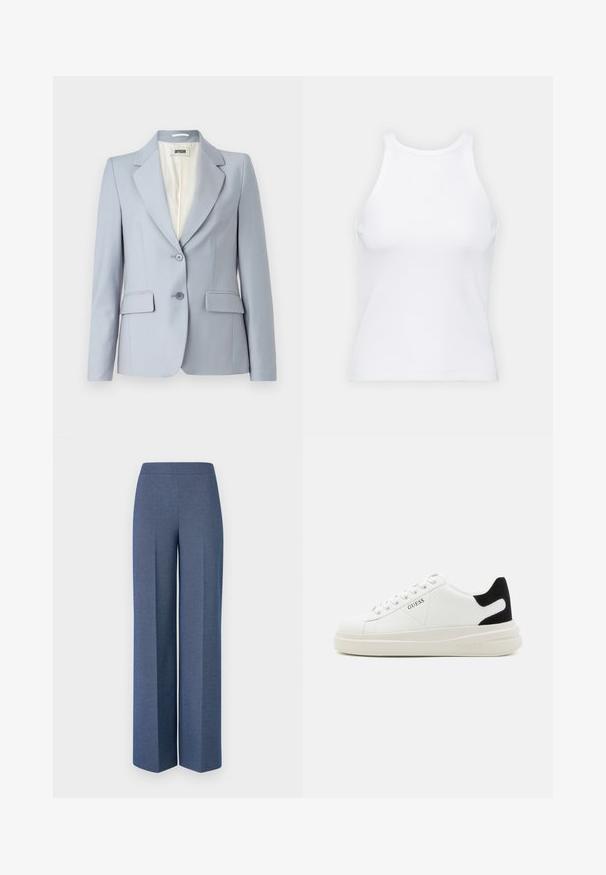 Helles blaues maßgeschneidertes Blazer aus glattem Stoff mit Reverskragen, zwei Vordertaschen und Zwei-Knopf-Verschluss. Gefüttertes Innere.; Weißes ärmelloses Tanktop aus geripptem Stoff, mit rundem Ausschnitt und figurbetonter Silhouette, minimalen Nähten und ohne Verzierungen.; Weite Hose aus strukturiertem blauen Material mit einem glatten Bund und scharfen Falten an der Vorderseite, die ein maßgeschneidertes Design zur Geltung bringen.; Weiße Leder-Sneaker mit einer dicken weißen Sohle, schwarzem Wildlederakzent an der Ferse und geprägtem Logo an der Seite. Schnürdesign mit sechs Ösen.