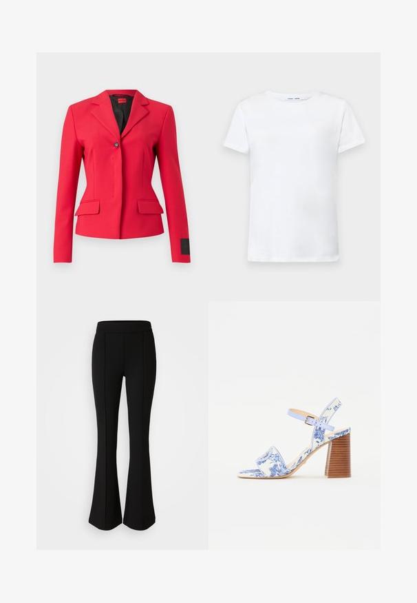 Rode op maat gemaakte blazer met een enkele knoopsluiting, reverskraag en voorzakken. Heeft een gladde stof en een strak ontwerp.; Witte korte mouwen t-shirt van katoen met een ronde hals. Soepele textuur en rechte snit, zonder patronen of accenten.; Zwarte flared broek gemaakt van een rekbaar materiaal met een gladde textuur, met naaddetails aan de voorkant voor extra ontwerp.; Blauw bloemenpatroon sandaal met een vierkante neus, een brede band en een verstelbare enkelband, met een getextureerde houten blokhak.