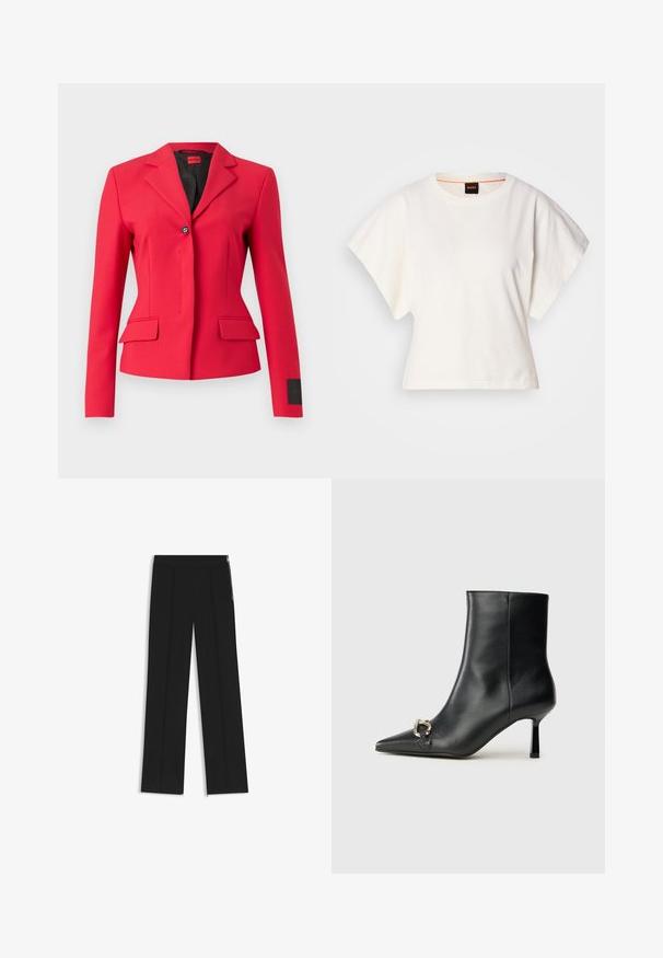 Giacca rossa su misura con chiusura a un bottone, colletto a bavero e tasche frontali. Presenta un tessuto liscio e un design elegante.; T-shirt bianca cropped, maniche corte e larghe, tessuto di cotone morbido, scollatura rotonda con bordino arancione sottile, design minimale, senza motivi o grafiche.; Pantaloni neri a gamba larga con due pieghe frontali, vita elasticizzata e zip laterali per dettagli. Texture liscia e design minimalista.; Stivale alla caviglia in pelle nera con punta affusolata, tacco sottile di media altezza e dettaglio in fibbia argentata sul lato, su sfondo semplice.