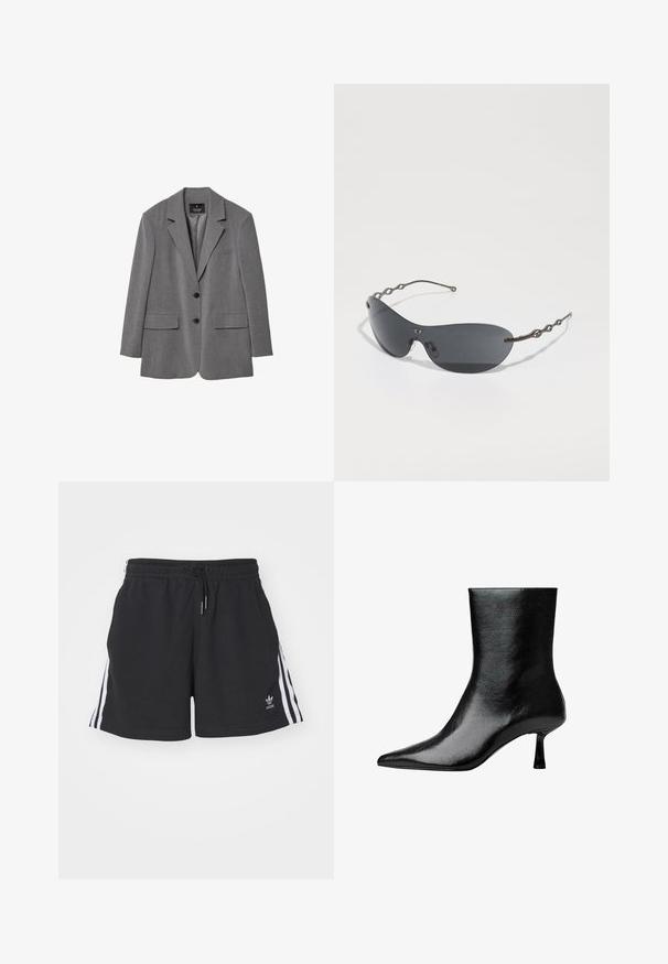 Grå skræddersyet blazer med notch lapeller, to forlommer, to knapper og en enkel foring. Lavet af en blandet stof med en glat tekstur.; Hvid langærmet skjorte med en struktureret krave og et sort slips, der har en glat bomuldsstruktur og en knap-ned frontdesign.; Sorte atletiske shorts lavet af bomuldsblanding, med hvide sidelister, elastisk talje med snor og lille logo på kanten.; Sorte ankelstøvler lavet af blank læder med spidse tær og slank hæl, der har en glat tekstur og et minimalistisk design.; Solbriller med mørkegrå linser, strømlinet buet form og karakteristiske bølgede metalarme. Overfladen er glat med en subtil mat finish.; Sort læderhandtaske med flettede håndtag, tekstureret overflade, lynlåslomme foran og dekorative frynse-accenter. Kompakt og struktureret form.