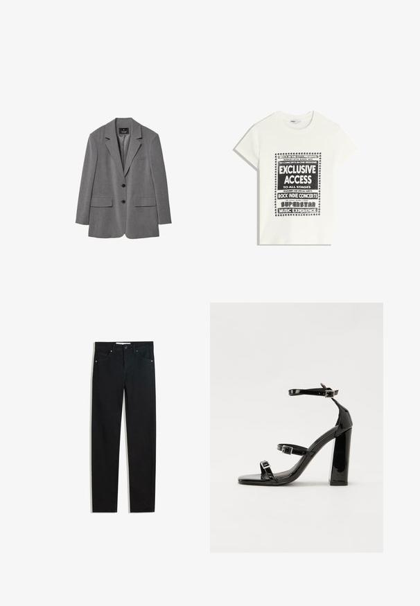 Grijze op maat gemaakte blazer met notch revers, twee voorzakken, twee knopen en een eenvoudige voering. Gemaakt van een gemengde stof met een gladde textuur.; Witte t-shirt met zwarte tekst ter promotie van een muziek evenement, met de opschriften "Exclusieve Toegang," "Rock Indie Concerten," en "Superster Muziekervaring."; Zwarte denimbroek met een recht silhouet, vijf zakken, metalen knoopsluiting en subtiele stikdetails. Gladde textuur.; Zwarte patent lederen sandalen met hoge hakken, twee gespenbanden, een vierkante neus en een stevige blokhak, met een gladde, glanzende textuur.