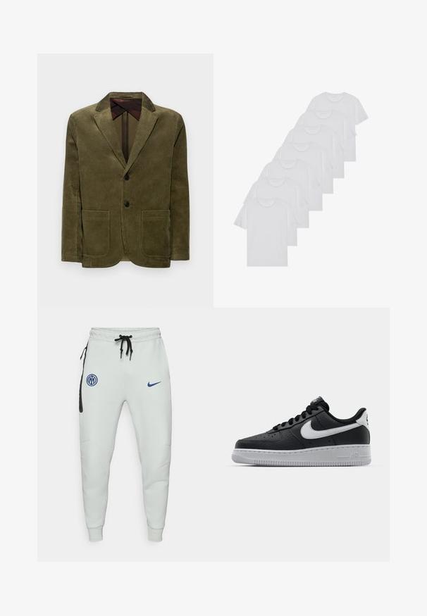 Selected Homme SLH KAY - Sako - kalamata; Biele bavlnené trička, krátke rukávy, dizajn s okrúhlym výstrihom, hladká textúra, naskladané v rade, so subtilným brandingom na výstrihu.; Svetlosivé joggery vyrobené z mäkkej tkaniny, s čiernou akcentovou kapsou, modrými nášivkami loga, nastaviteľným pásom so sťahovacou šnúrkou a priliehavými manžetami.; Čierne kožené tenisky s textúrovaným povrchom, biely Nike swoosh, šedá podrážka, okrúle špičky a šnurovací dizajn. Obsahuje perforácie na špičke.