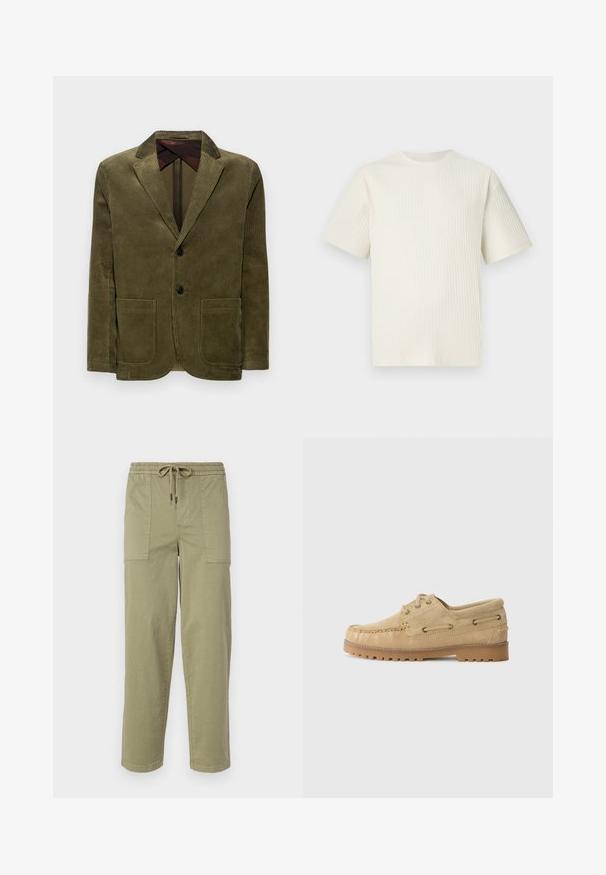 Selected Homme SLH KAY - Suit jacket - kalamata; Light beige ribbed t-shirt featuring short sleeves and a round neckline, displayed against a plain white background.; Light olive green pants made of cotton blend fabric, featuring an elastic waistband with drawstring, and two large side pockets.; Beige suede boat shoe with a moccasin-style stitched toe, metal eyelets, and a rubber sole featuring small lugs for traction.