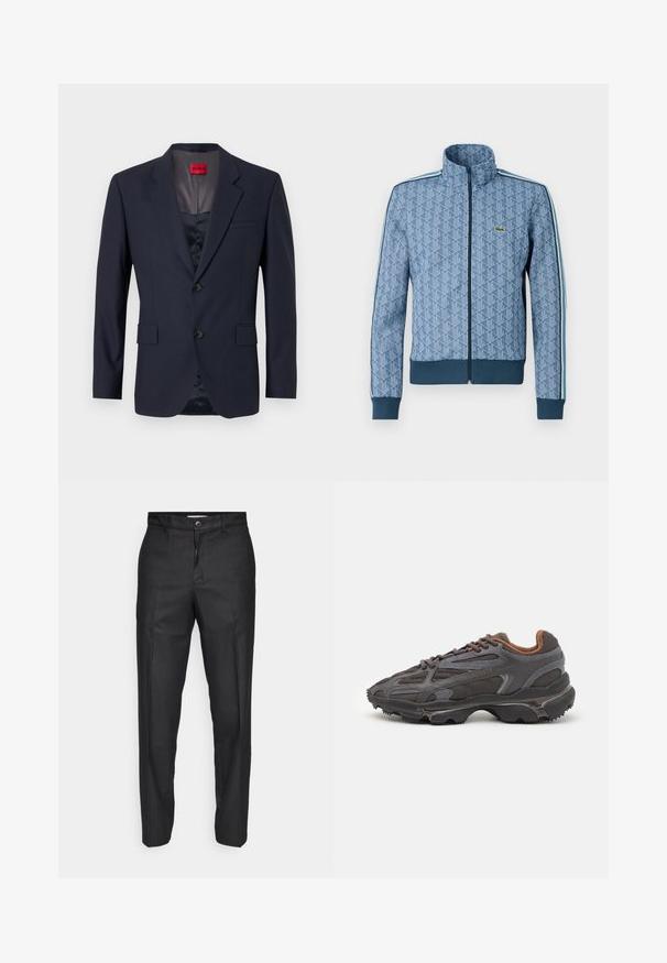 Marineblazer laget av glatt stoff med en enradet design, to frontlommer og svarte knapper. Rød merkeetikett inni.; Blå zip-up jakke med geometrisk mønster, ribbede mansjetter og nederkant, samt kontraststriper på siden. Har en liten logo på brystet.; Marineblå langermet t-skjorte laget av bomull, med rund hals og en liten grønn krokodillelogo på venstre bryst.; Sorte bukser laget av et glatt stoff, med knappelukking foran, rette ben og ingen synlige lommer eller mønstre.; Lacoste-sneakers i mørkegrått med mesh- og syntetisk materiale, med en teksturert såle og brune detaljer på kragen og merket.