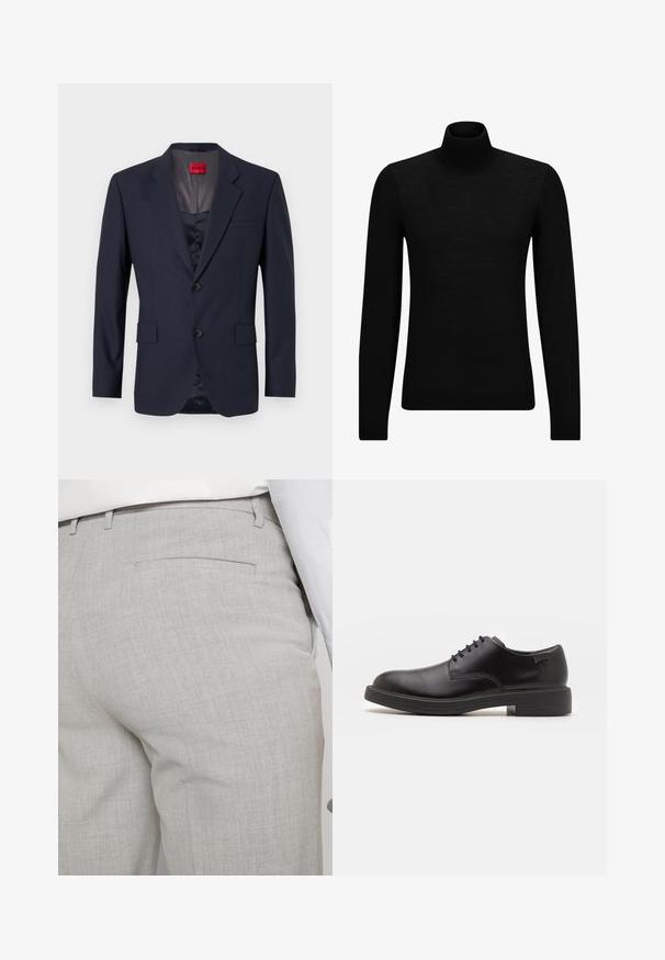Sötétkék blézer sima anyagból, egysoros fazonnal, két elülső zsebbel és fekete gombokkal. Piros márkacímke belül.; Fekete garbó pulóver puha anyagból, hosszú ujjakkal és szoros fazonnal. Ribbed díszítés az alján és az ujjak végén. Egyszerű dizájn.; Világosszürke, texturált anyagból készült szabott nadrág, egyetlen hátsó zsebbel és tiszta varrással.; Fekete bőrcipő, kerek orrú, sima felületű, minimális varrással és alacsony gumitalppal. Logó a sarokrészen.