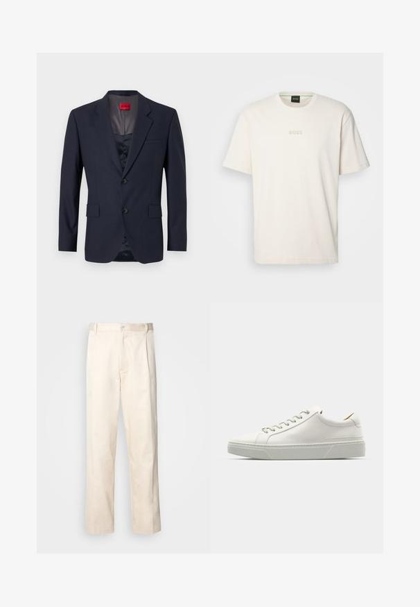 Sötétkék blézer sima anyagból, egysoros fazonnal, két elülső zsebbel és fekete gombokkal. Piros márkacímke belül.; BOSS TEE - Basic póló - open white; Beige pamut nadrág egyenes szárú kivágással, gombos záródással és elülső redőkkel a részletek fokozása érdekében.; Fehér bőrből készült sneaker, lekerekített orral, minimalista dizájnnal, szürke fűzőkkel és textúrázott szürke gumitalppal. Diszkrét varrási részletek láthatóak.