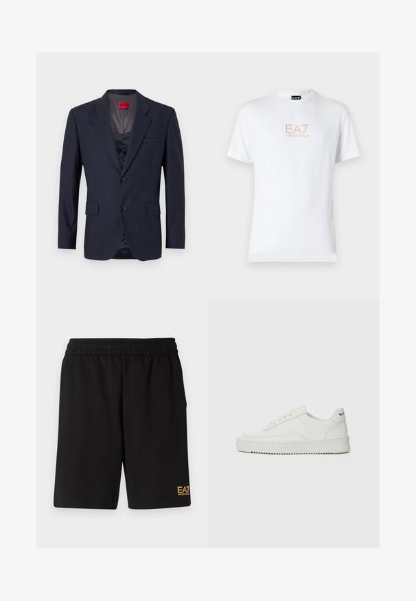 Navy Blazer aus glattem Stoff mit einreihiger Knopfleiste, zwei Vordertaschen und schwarzen Knöpfen. Rotes Markenlabel innen.; Weißes Baumwoll-T-Shirt mit Rundhalsausschnitt und kurzen Ärmeln, mit einem goldenen EA7 Emporio Armani-Logo auf der Vorderseite.; Schwarze Sportshorts aus weichem Material, mit einem elastischen Bund und einem kleinen gelben EA7-Logo am unteren linken Bein.; Weiße Ledersneaker mit glatter Oberfläche, runder Zehenpartie, flachen Schnürsenkeln und strukturiertem Sohlenprofil. Mit einem dezenten Logo an der Ferse.